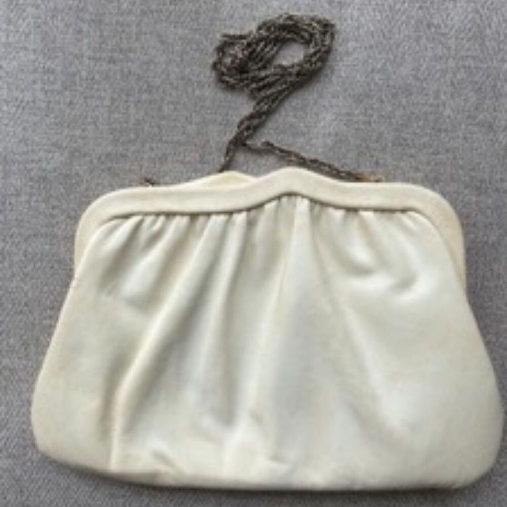 Vintage Cream Clutch Purse Chain Strap Soft Evening Bag Neutral